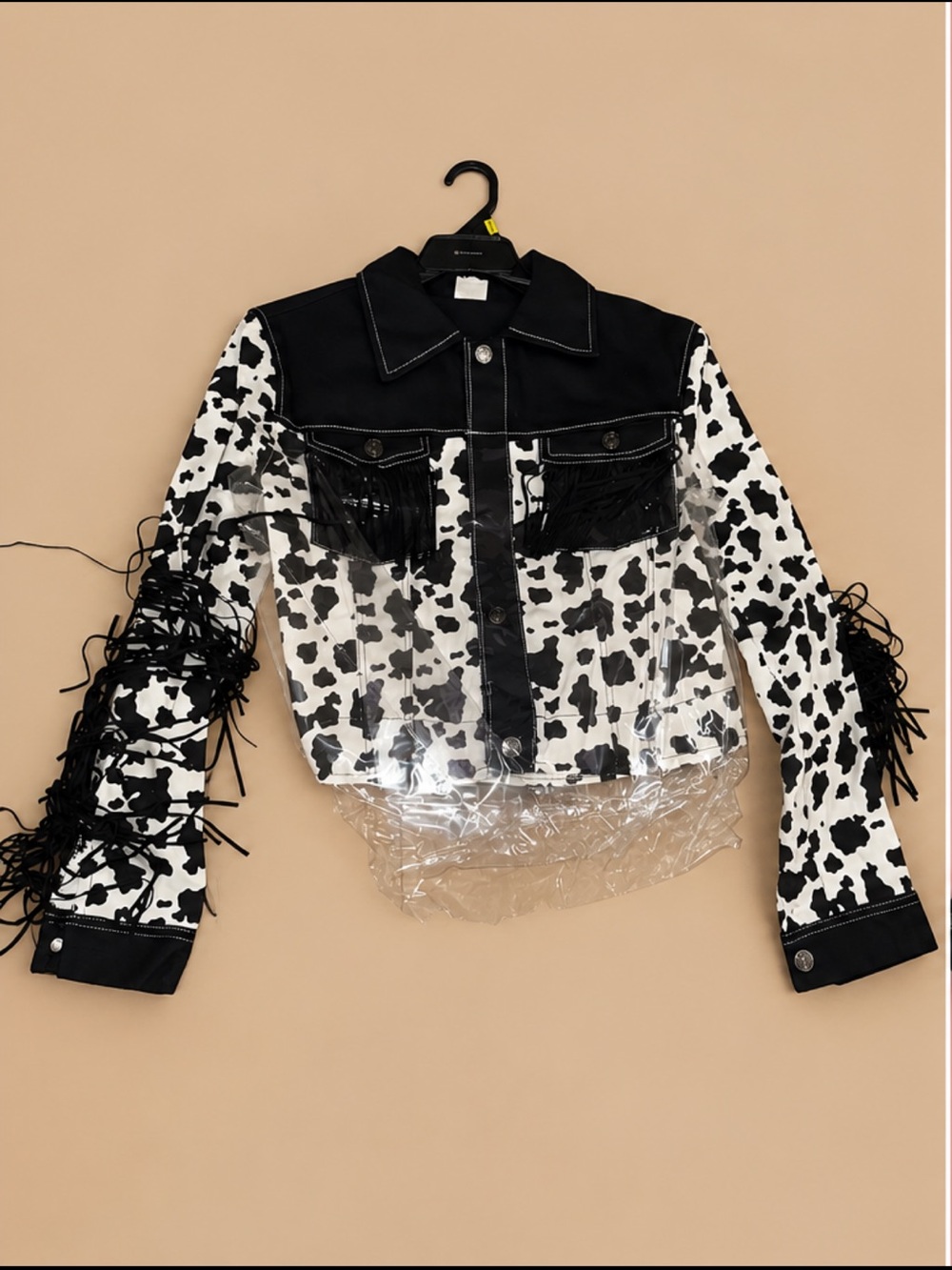 Black & White Cow Print Fringe Denim Jacket. Multiple sizes available.